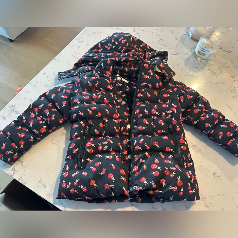Stella McCartney Black Puffer Jacket with Red and White Print